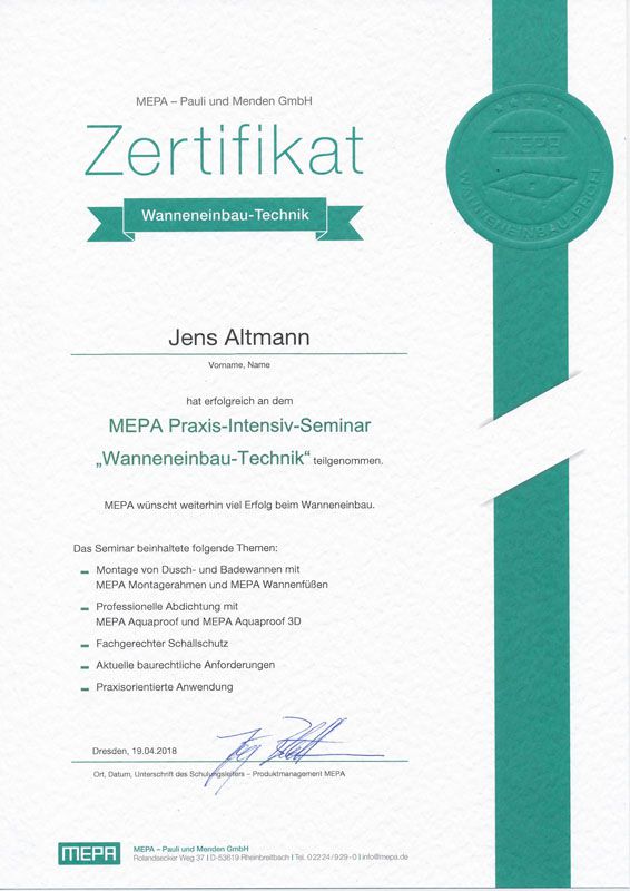 2018-04-19 Zertifikat Wanneneinbau Technik Jens Altmann