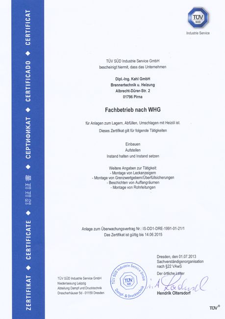 2013-07-01 Zertifikat Tüv Süd Fachbetrieb nach WHG