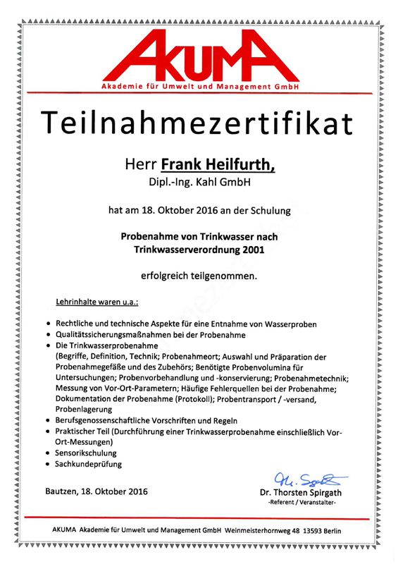 2016-10-18 Teilnahmezertifikat Frank Heilfurth